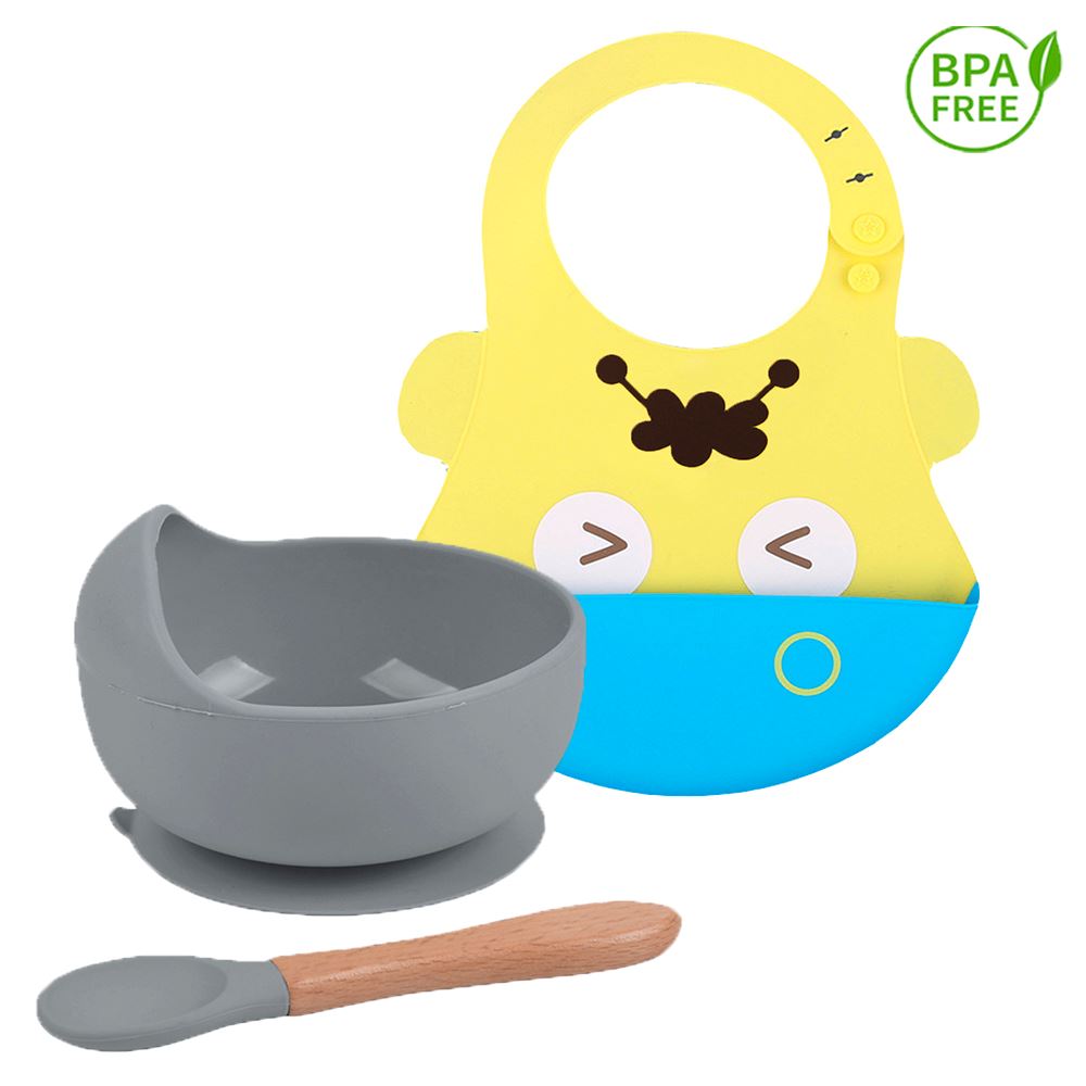 Pack Babero Hipopotamo con Cuenco Gris para bebe